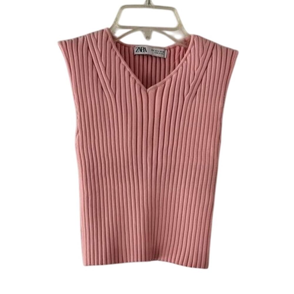 ZARA Pink Ribbed Knit Sleeveless Tank Top Women’s Medium V-Neck Cropped